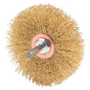 Narrow Face Stem-Mounted Crimped Wire Wheel, 17641, 3" Diameter, 0.0118" Brass Fill, 1/4" Stem