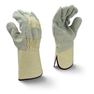 Side Split Cowhide Leather Palm Gloves w/Gauntlet Cuffs, RWG3400WG, Beige/Gray