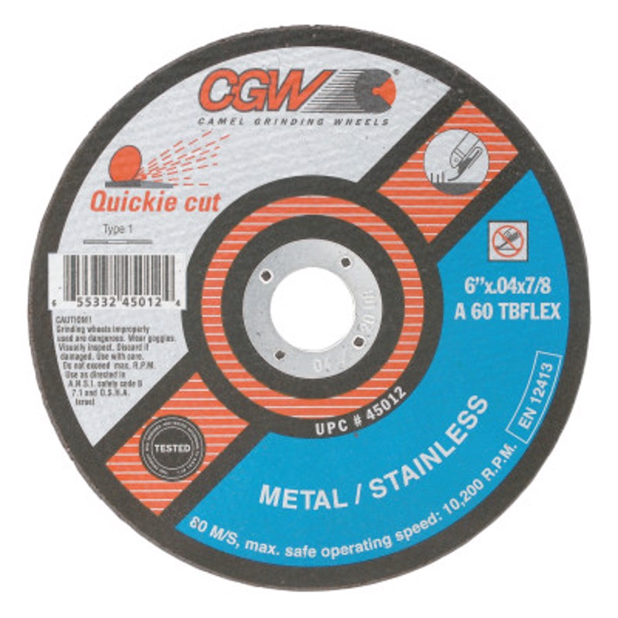 Quickie Cut Flexible Cut-Off Wheel, 45012, Type 1, 6" Diameter, 0.040" Thickness, 7/8" Arbor