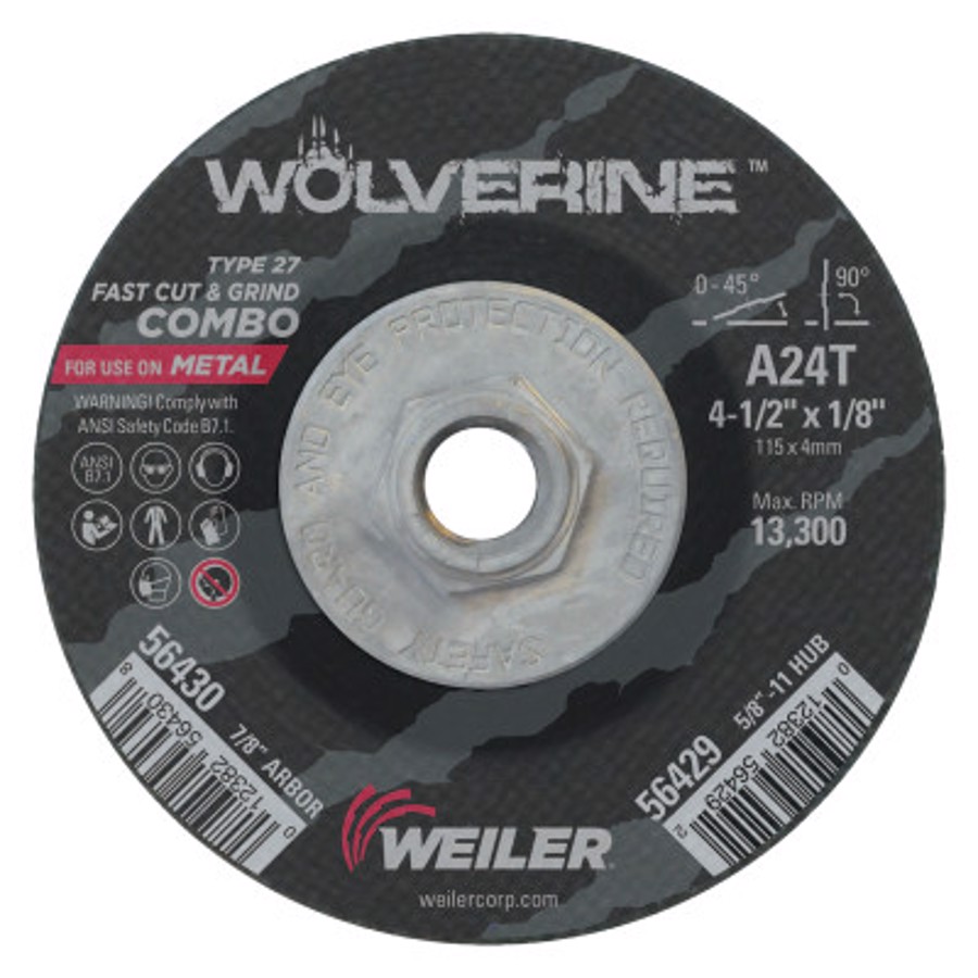 Wolverine Cutting/Grinding Combo Wheel, 56429, Type 27, 4-1/2" Diameter, 1/8" Thickness, 5/8"-11 Arbor Thread