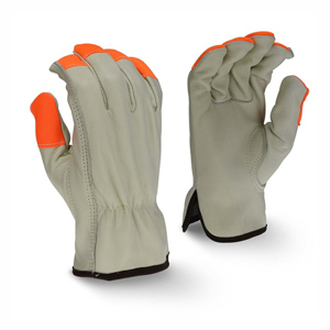 Economy Standard Grain Cowhide Leather Drivers Gloves, RWG4220H, Beige/Hi-Vis Orange