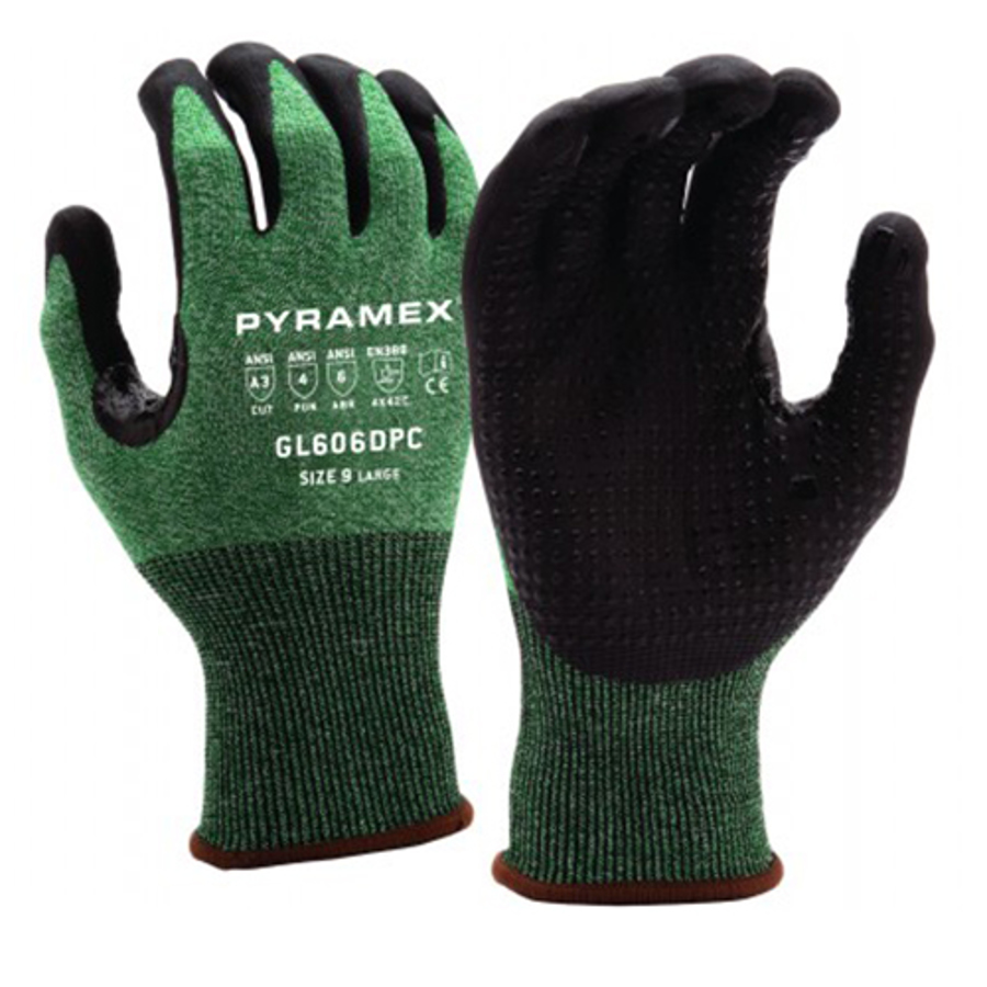 HPPE Cut Resistant Gloves w/Dotted Micro-Foam Nitrile Palm Coating, GL606DPC, Cut A3, Black/Green