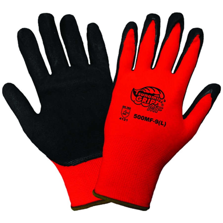 Tsunami Grip MF Nylon Gloves w/Double-Dipped Nitrile Palm, 500MF, Cut A1, Black/Red