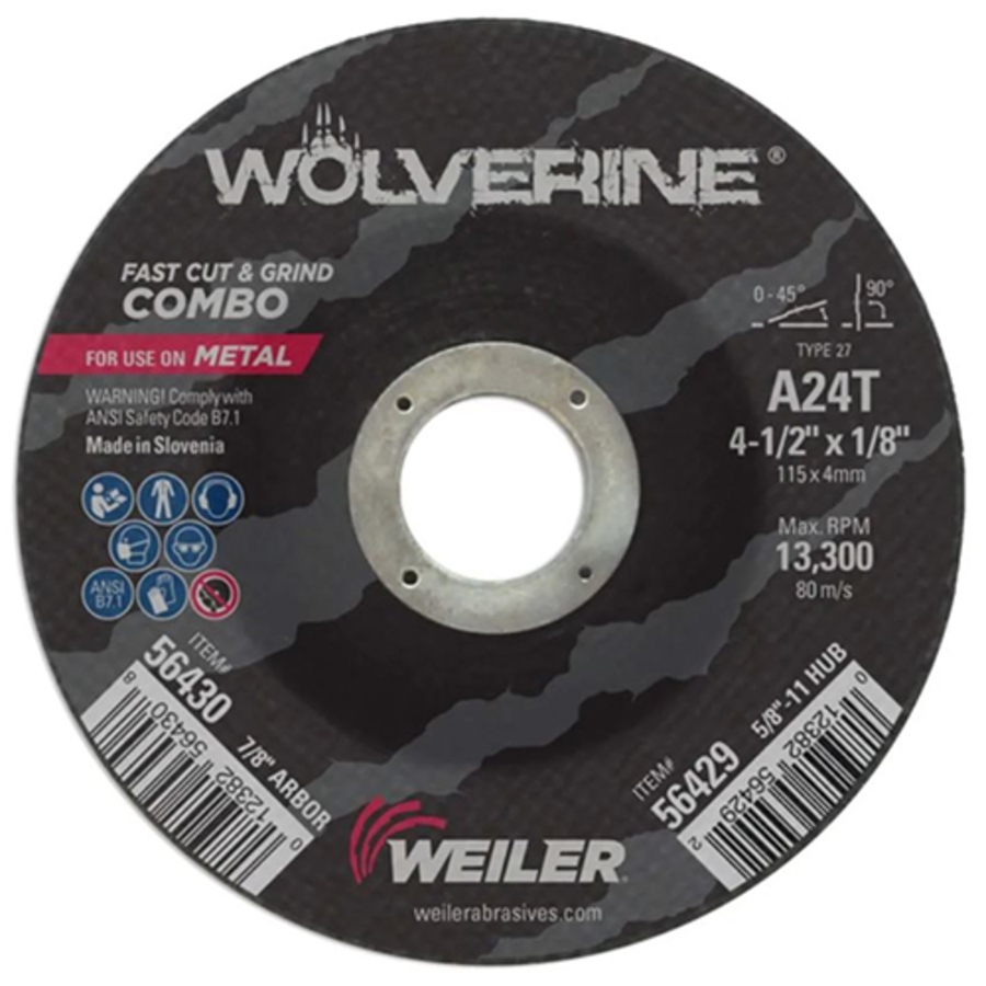 Wolverine Combo Wheel, 56430, Type 27, 4-1/2" Diameter, 1/8" Thickness, 7/8" Arbor