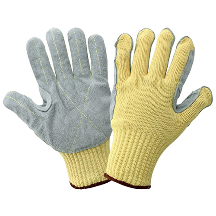 Samurai Glove Aramid Fiber Cut Resistant Gloves w/Split Cowhide Leather Palm, K300LFE, Cut A3, Gray/Yellow