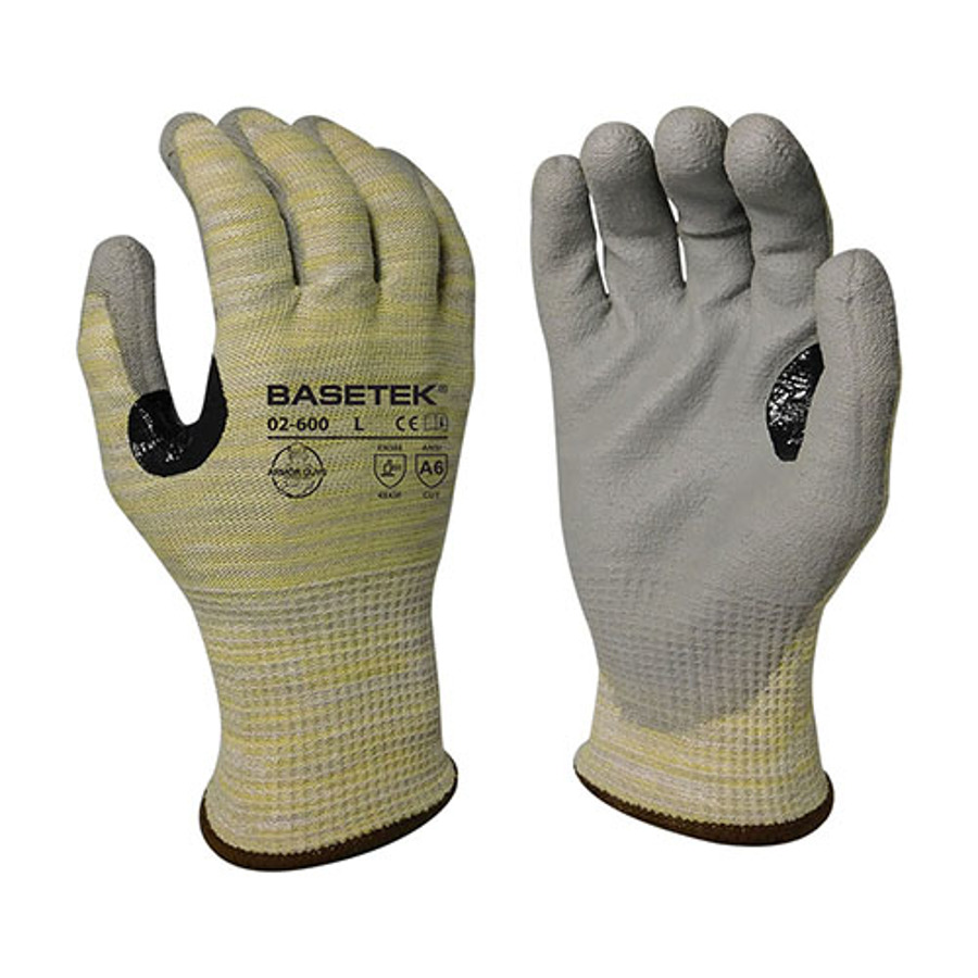 Basetek Aramid/HDPE Blended Cut Resistant Gloves w/Polyurethane Palm Coating, 02-600, Gray/Yellow