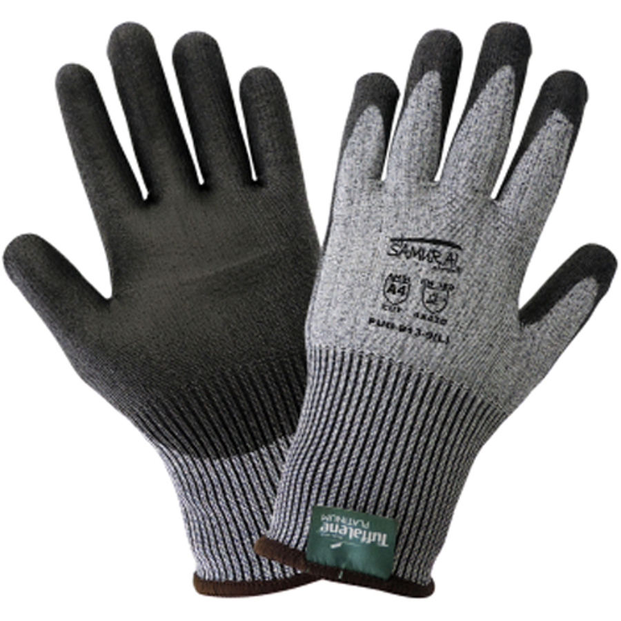 Samurai Glove UHMWPE Cut Resistant Gloves w/Polyurethane Palm Coating, PUG-913, Cut A4, Black/Gray