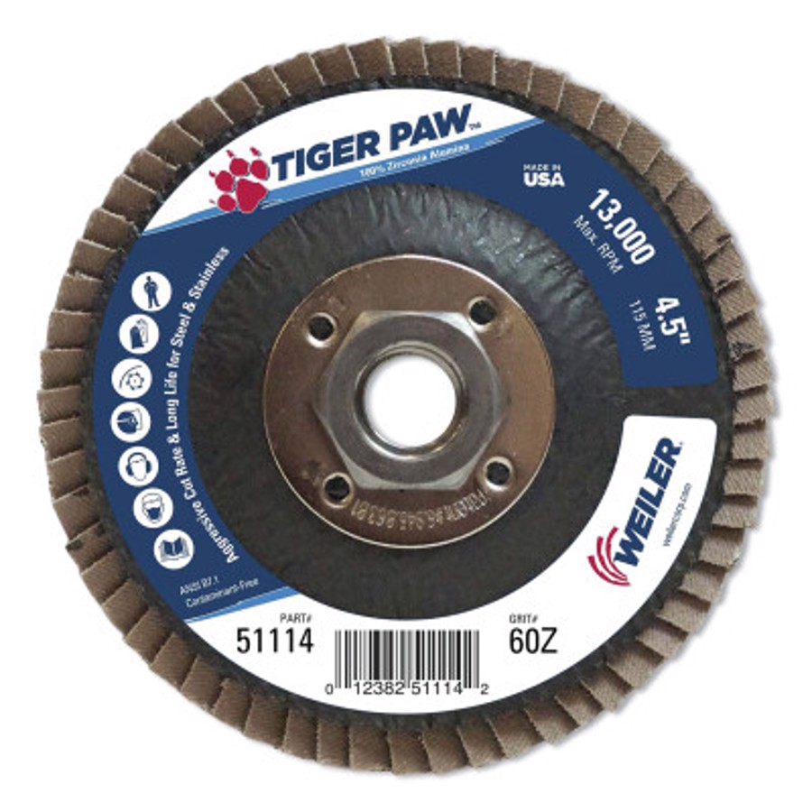 Tiger Paw Abrasive Flap Disc, Type 27, 5/8"-11 Arbor Thread