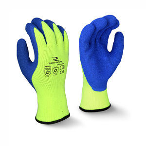 Polyester Cold Weather Gripper Gloves w/Crinkle Latex Coating, RWG27, Cut A3, Blue/Hi-Vis Yellow