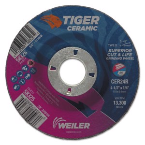 Tiger Ceramic Grinding Wheel, 58325, Type 27, 4-1/2" Diameter, 1/4" Thickness, 7/8" Arbor