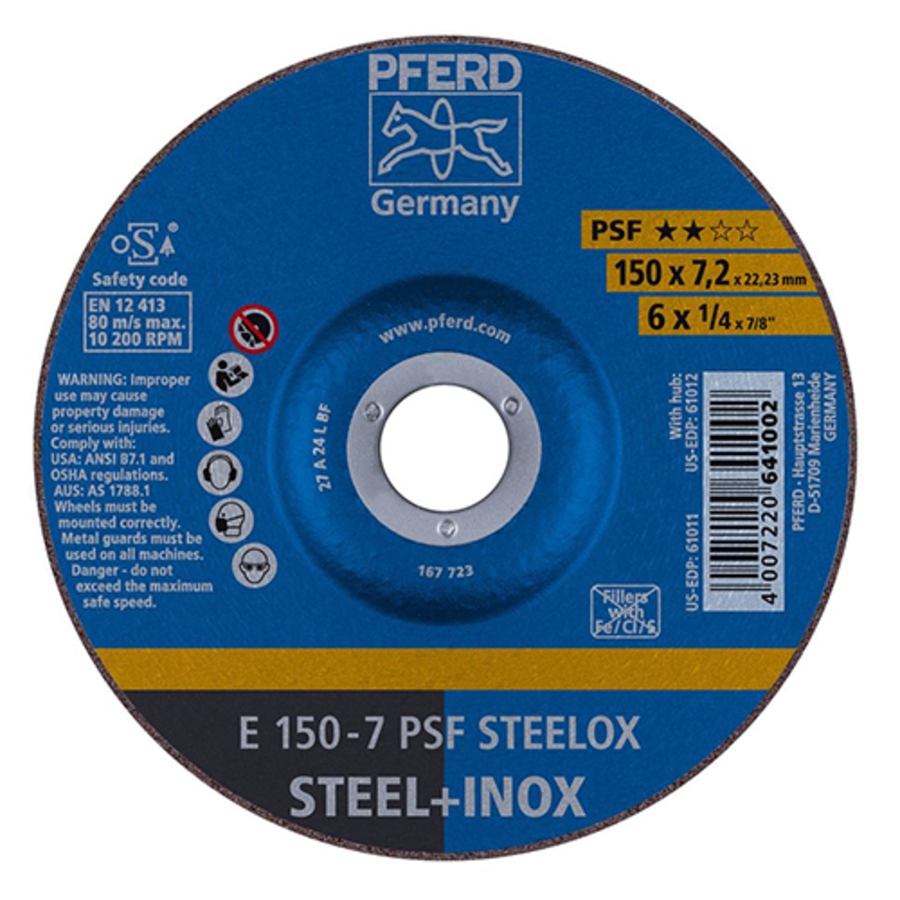 PSF Steelox Grinding Wheel, 61011, Type 27, 6" Diameter, 1/2" Thickness, 7/8" Arbor