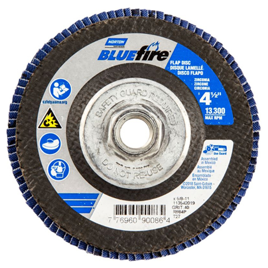 BlueFire R860 ZA Heavy Duty Fiberglass Flat Flap Disc, 77696090087, Type 27, 4-1/2" Diameter, 5/8"-11 Arbor