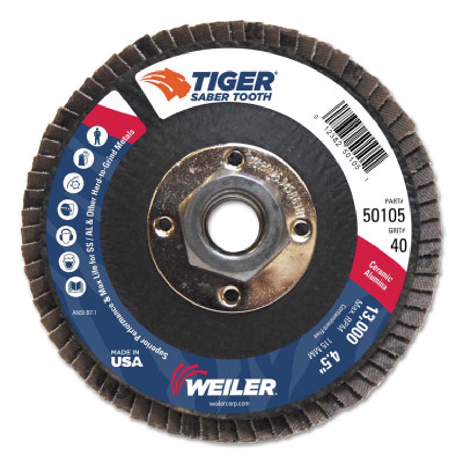 Tiger Ceramic Abrasive Flap Disc, 50105, Type 29, 4-1/2" Diameter, 5/8"-11 Arbor Thread, 40 Grit