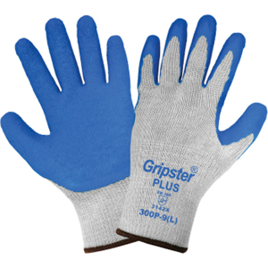 Gripster Plus Premium Polyester/Cotton Gloves w/Rubber Palm Coating, 300PT, Cut A1/A2, Blue/Gray
