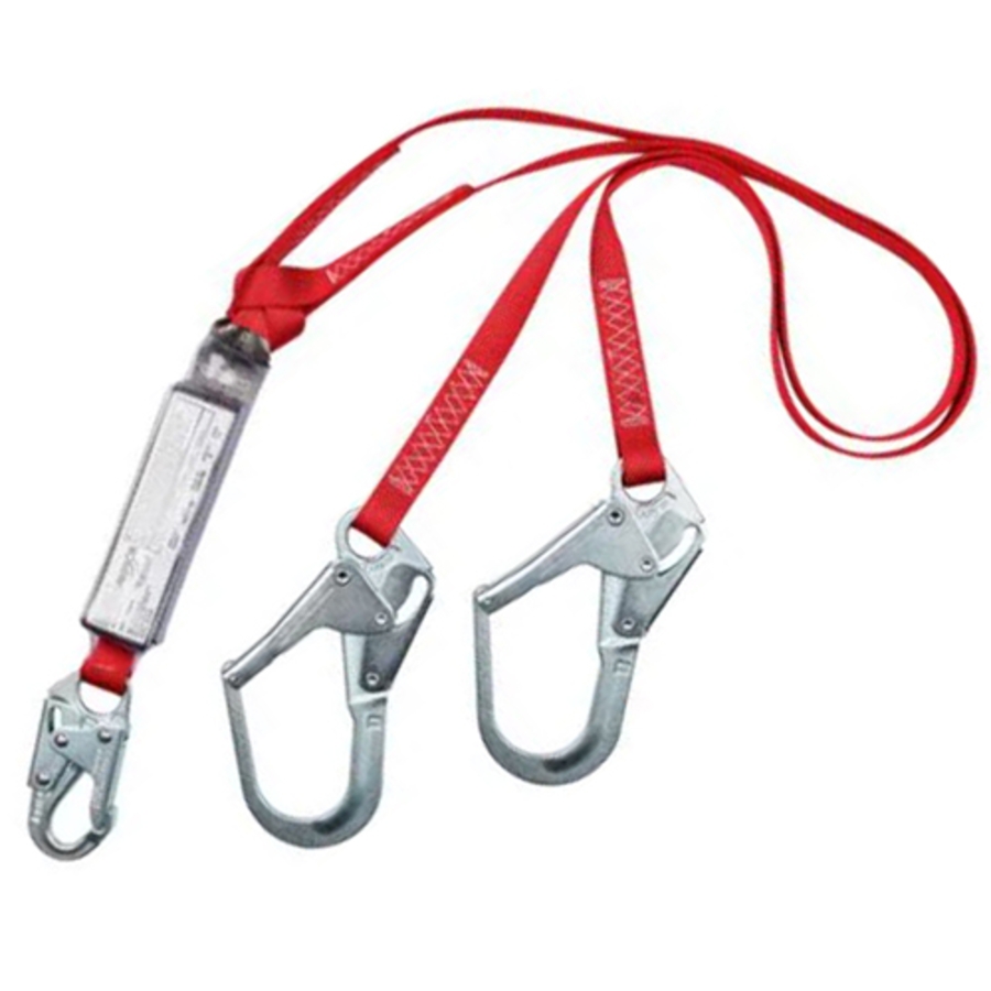 PRO Pack Shock Absorbing Lanyard, 1340180, Self-Locking Steel Rebar Hook, Tie-Off, Twin Leg, 6', Red