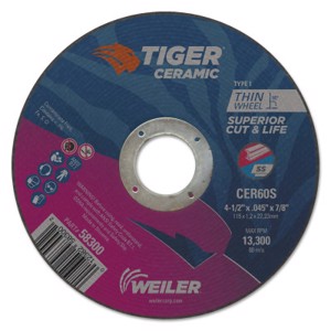 Tiger Ceramic Cut-Off Wheel, 58300, Type 1, 4-1/2" Diameter, 0.045" Thickness, 7/8" Arbor