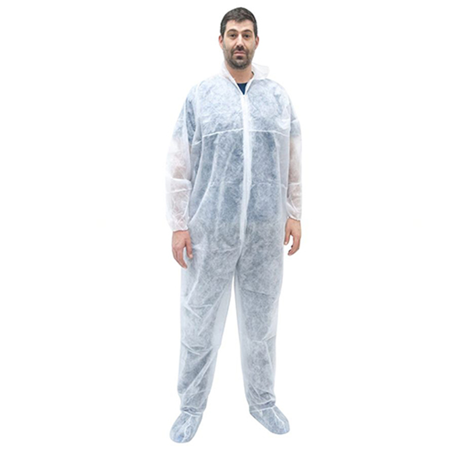 Disposable Coveralls w/Boots, Hood & Elastic Wrists, White