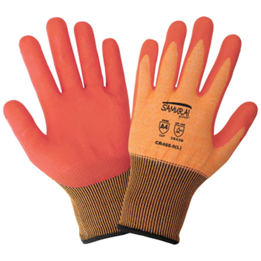 Samurai Glove UHMWPE Cut Resistant Gloves w/Foam Nitrile Palm Coating, CR488, Cut A4, Hi-Vis Orange