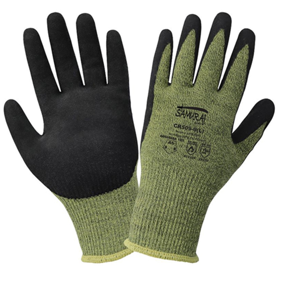 Samurai Glove Aralene Cut & Flame Resistant Gloves w/Neoprene Bi-Polymer Palm Coating, CR509, Cut A5, Black/Green