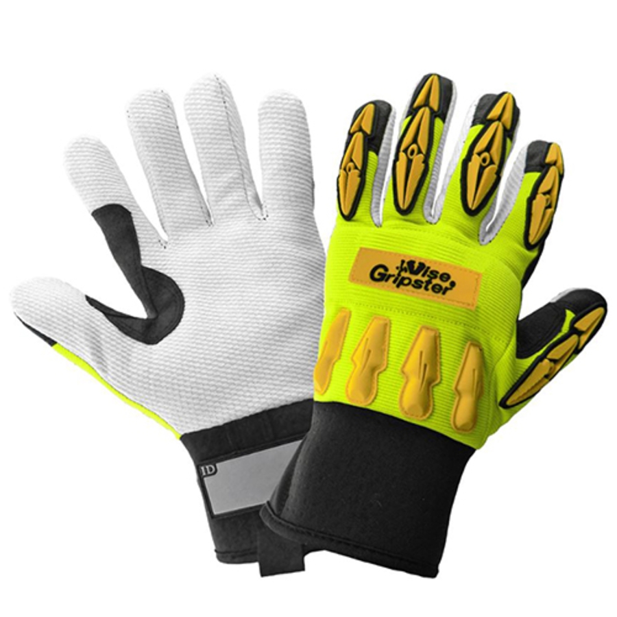 Vise Gripster Nylon & Spandex Mechanics Gloves w/Cotton Corded Palms & TPU Impact Protection, SG9944, Black/Hi-Vis Green/White/Yellow