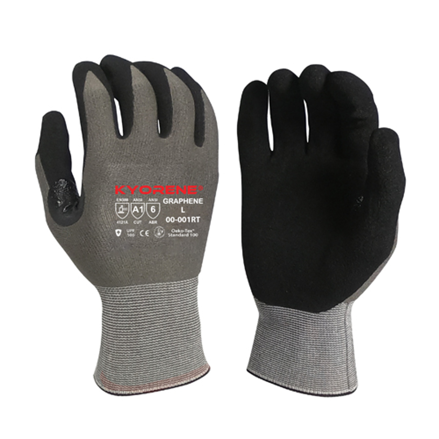 Kyorene Gloves w/HCT Micro-Foam Nitrile Palm Coating, 00-001RT, Cut A1, Black/Gray