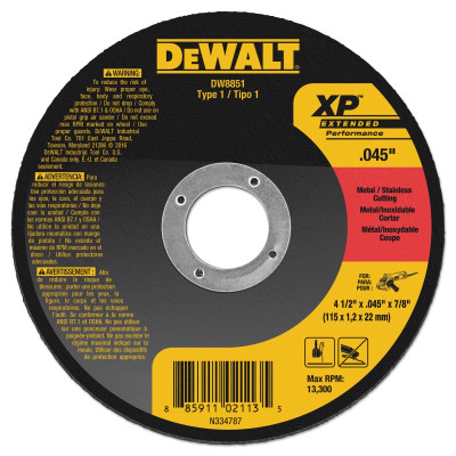 XP Thin Metal Cutting Wheel, DW8851, Type 1, 4-1/2" Diameter, 0.045" Thickness, 7/8" Arbor