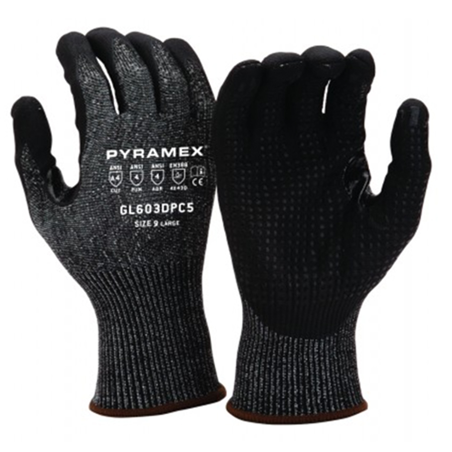 HPPE Gloves w/Micro-Foam Nitrile Dotted Palm Coating, GL603DPC5, Cut A4, Black