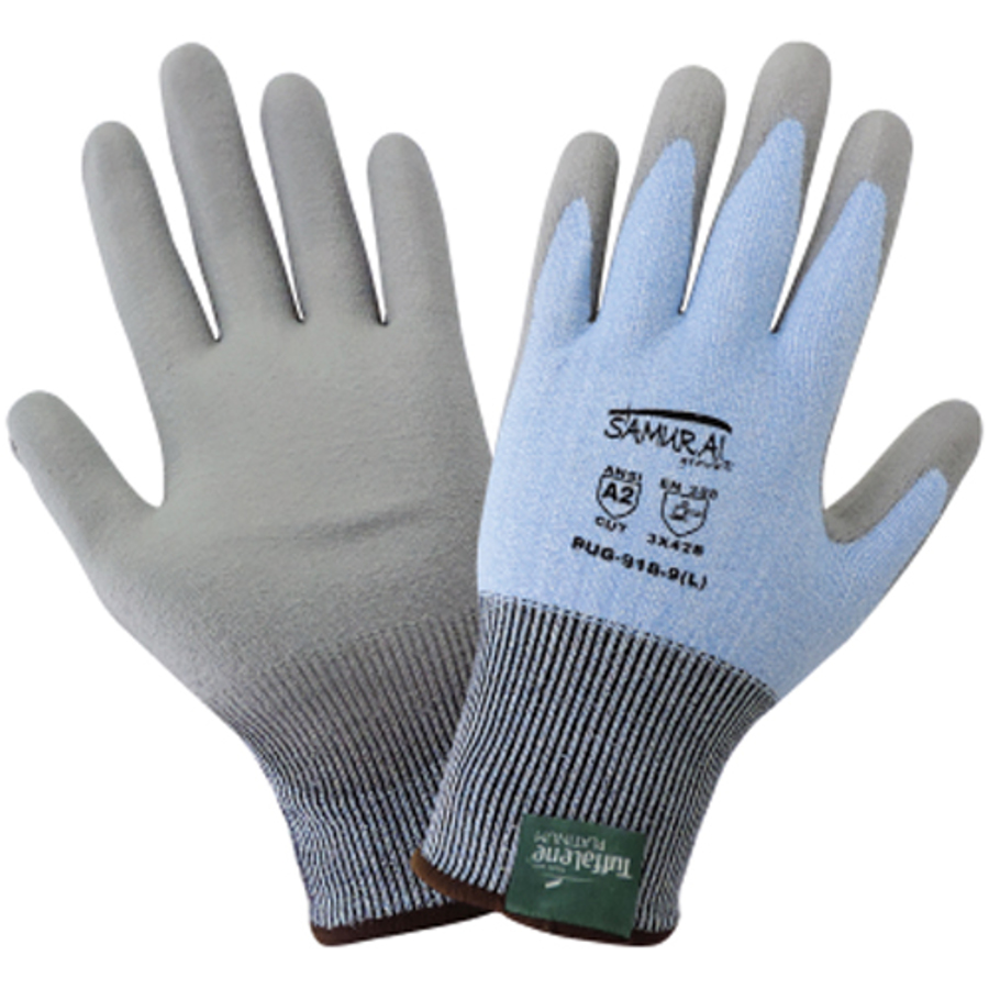 Samurai Glove UHMWPE Cut Resistant Gloves w/Polyurethane Palm Coating, PUG-918, Cut A2, Blue/Gray