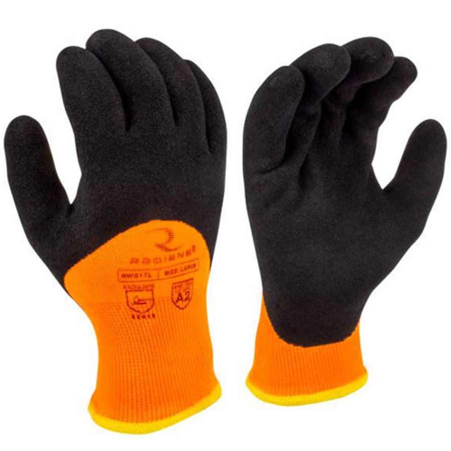 Nylon & Acrylic Terry Cold Weather Gloves w/3/4 Dipped Black Latex Palms, RWG17, Cut A2, Black/Hi-Vis Orange