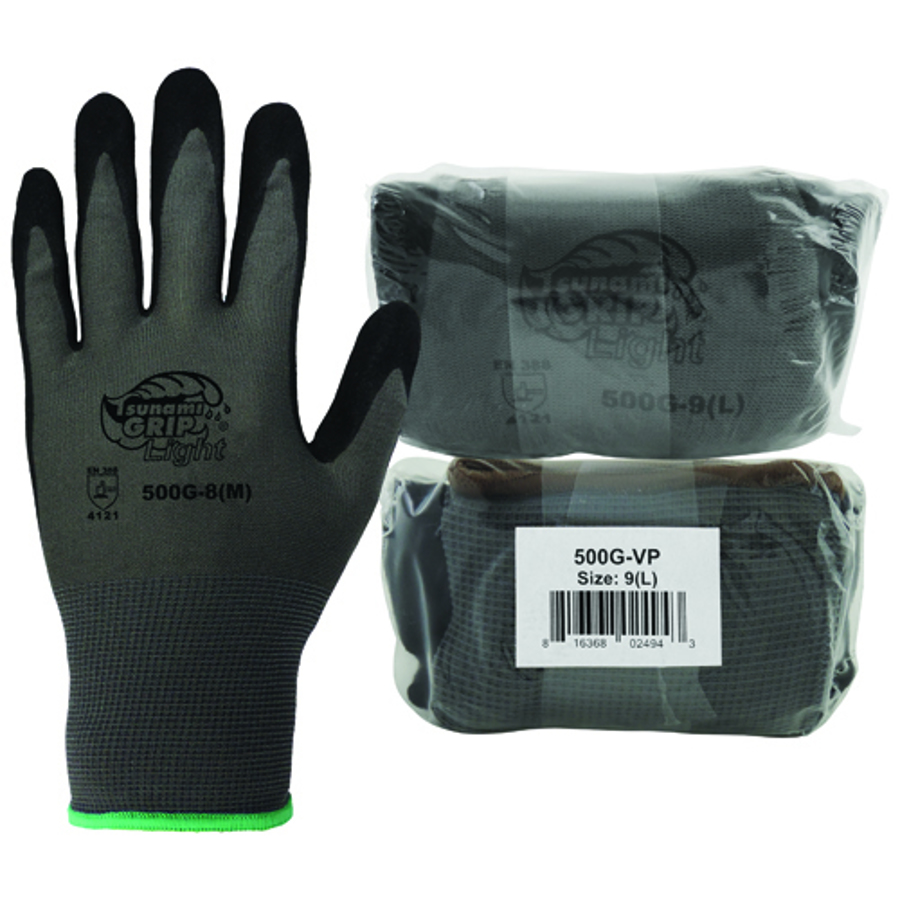 Tsunami Grip Nylon Gloves w/Nitrile Palm Coating, 500G-VP, Black/Gray, X-Large