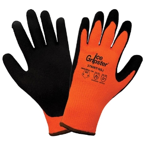Ice Gripster Acrylic Terry Cloth Cut Resistant Low Temp Gloves w/Foam Rubber Palm Coating, 378INT, Black/Hi-Vis Orange