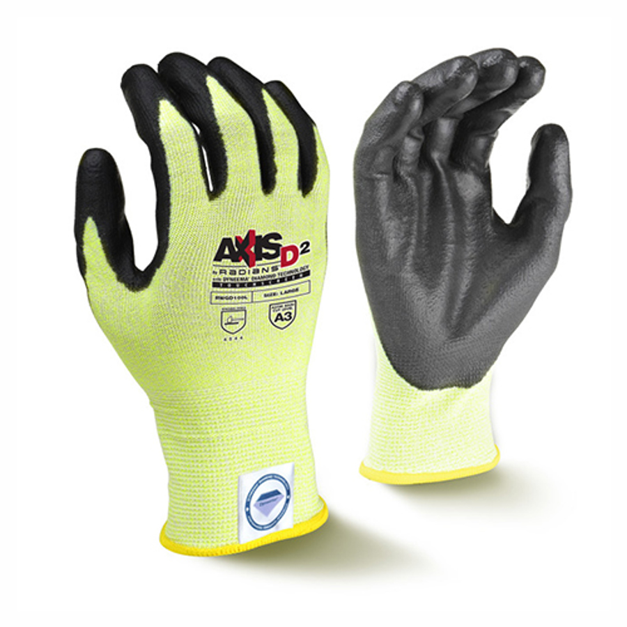 Axis D2 Touchscreen Compatible Polyester w/Dyneema Cut Resistant Gloves w/Polyurethane Palm Coating, RWGD100, Black/Hi-Vis Green