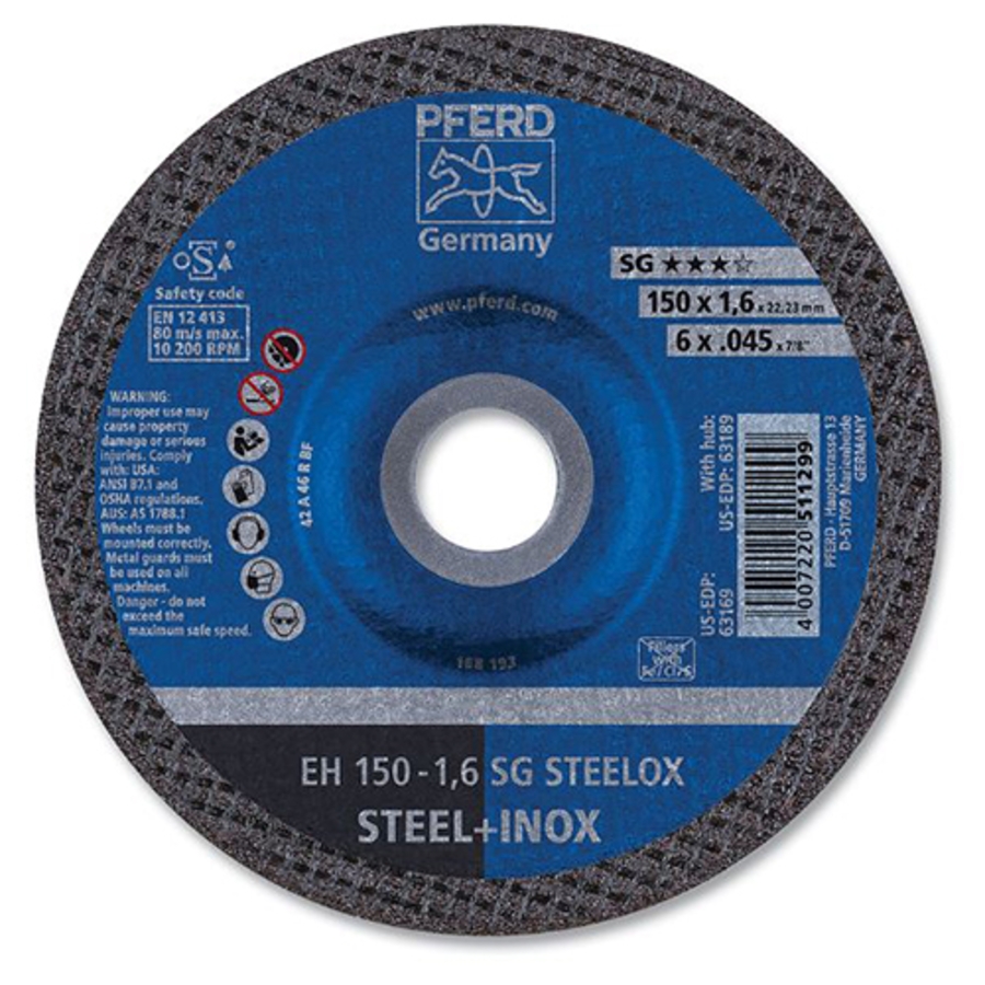 SG Steelox Cut-Off Wheel, 63169, Type 27/42, 6" Diameter, 0.045" Thickness, 7/8" Arbor