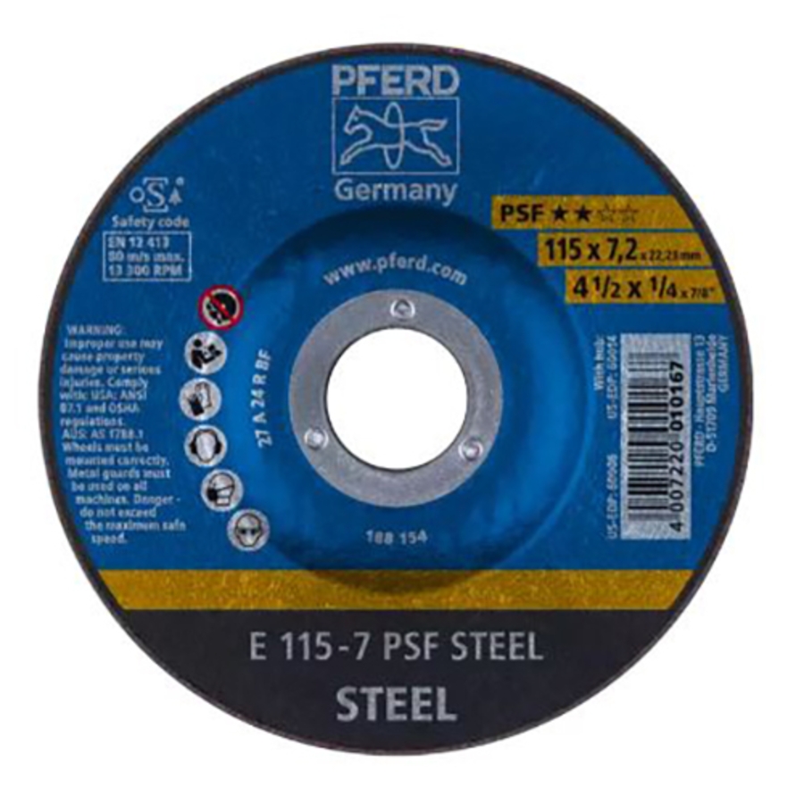 PSF Steel Grinding Wheel, 60006, Type 27, 4-1/2" Diameter, 7/8" Arbor