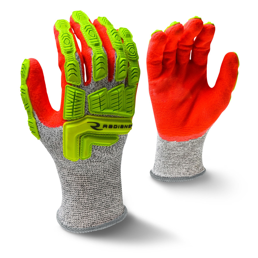 HPPE w/Fiberglass Cut & Impact Resistant Gloves w/Foam Nitrile Palm Coating, RWG603, Cut A5, Hi-Vis Green/Hi-Vis Red/Salt & Pepper