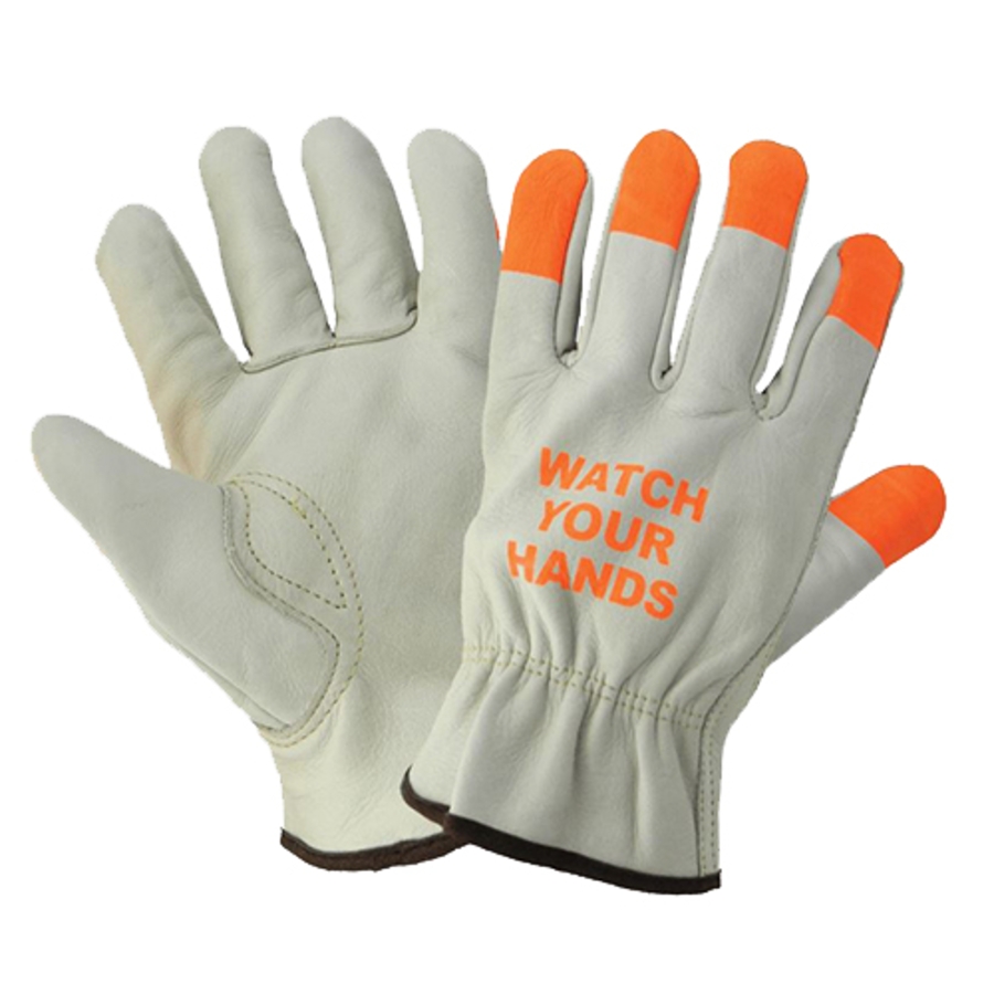 Standard Grade Grain Cowhide Leather Drivers Gloves, 3200WH, Beige/Hi-Vis Orange