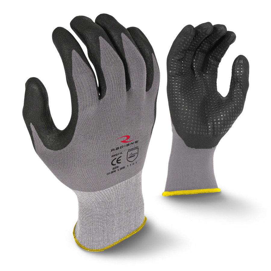 Nylon/Spandex Gloves w/Micro-Foam Nitrile Dotted Palm Coating, RWG11, Black/Gray