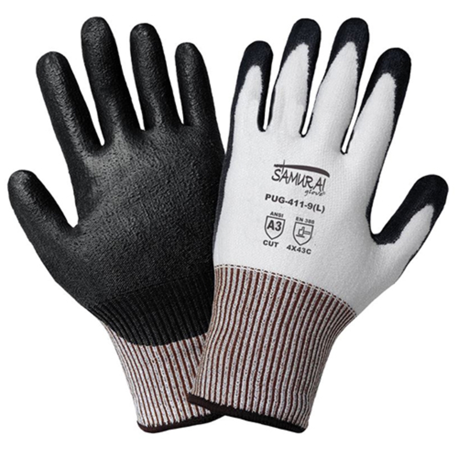 Samurai Glove UHMWPE Cut Resistant Gloves w/Polyurethane Palm Coating, PUG-411, Cut A3, Black/White