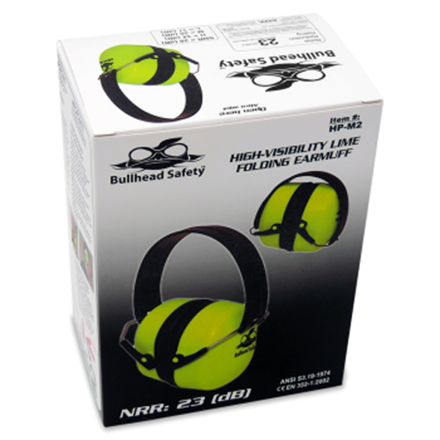 Bullhead Safety Premium Foldable Earmuffs, HP-M2, Black/Hi-Vis Green, 23 dB