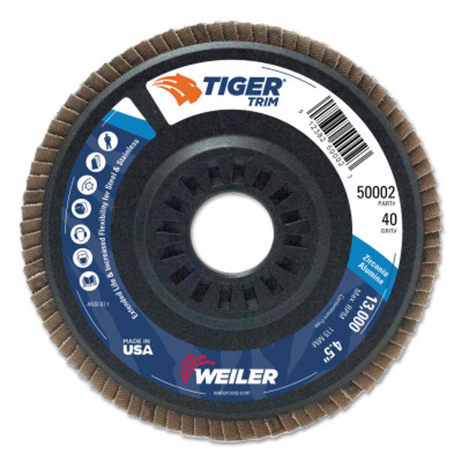 Tiger Trim Abrasive Flap Disc, 50002, Type 29, 4-1/2" Diameter, 7/8" Arbor, 40 Grit