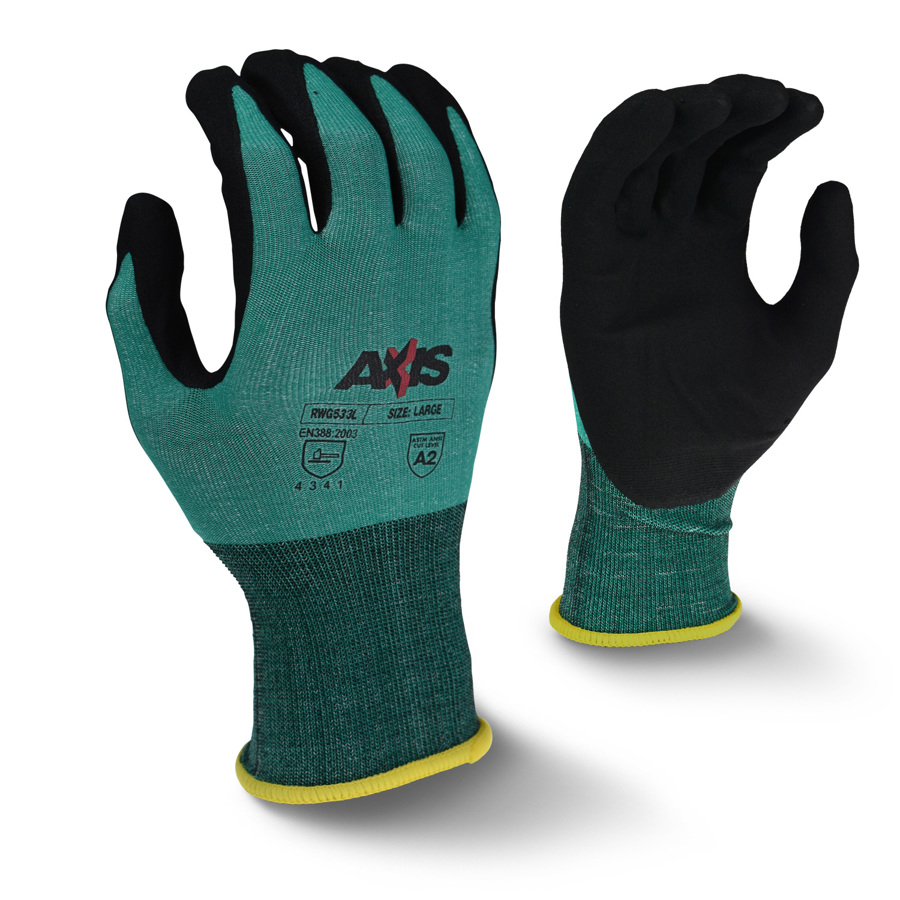 Axis HPPE Cut Resistant Gloves w/Foam Nitrile Palm Coating, RWG533, Green/Black