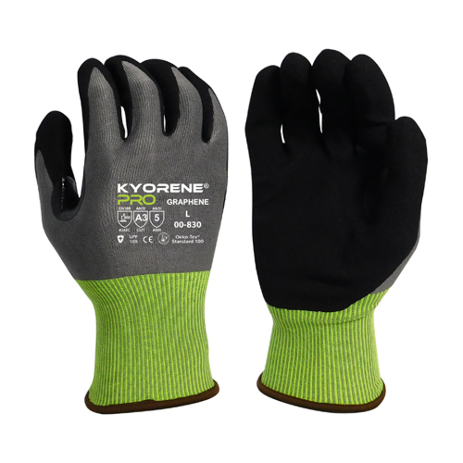 Kyorene Pro Graphene Cut Resistant Gloves w/HCT Micro-Foam Nitrile Palm Coating, 00-830, Cut A3, Black/Gray/Green