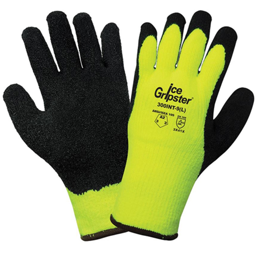 Ice Gripster Acrylic Knit Cut Resistant Low Temp Gloves w/Rubber Palm Coating, 300INT, Black/Hi-Vis Green