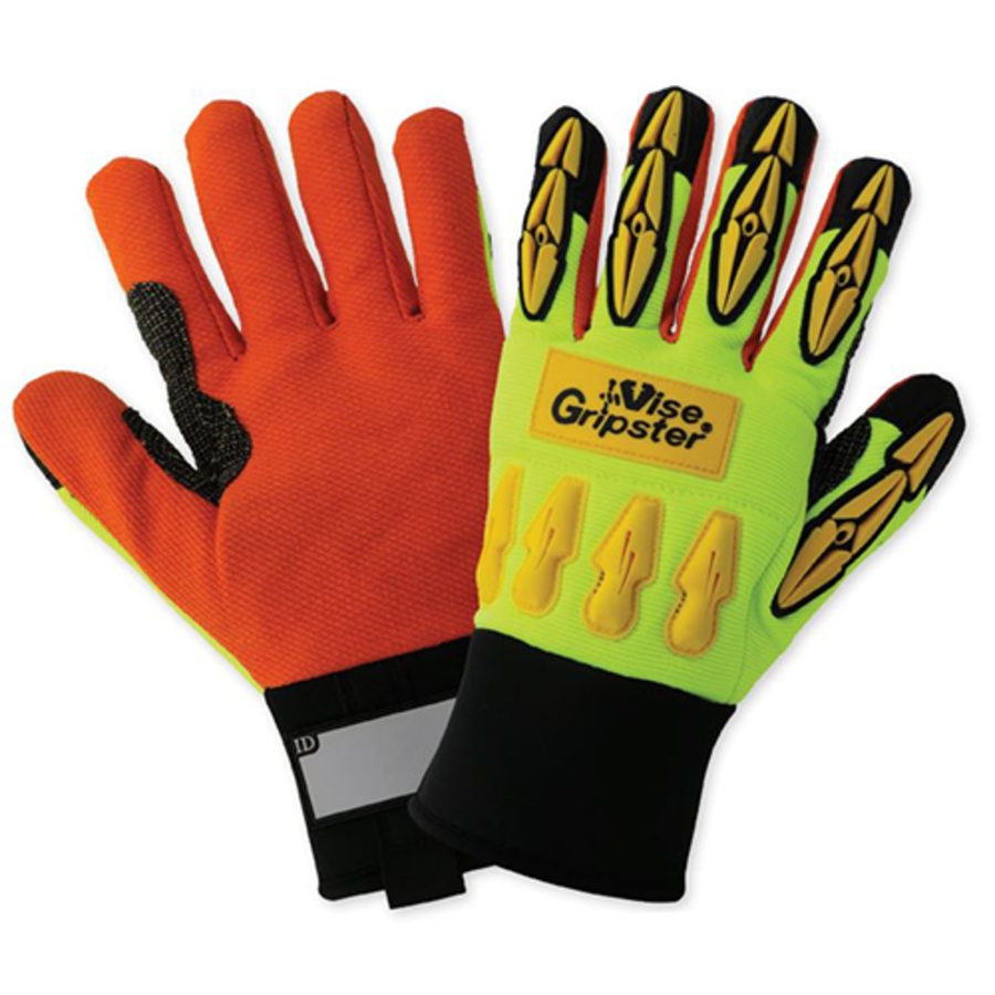 Vise Gripster Mechanics Gloves w/Corded Palms & TPR Impact Protection, SG9955INT, Black/Hi-Vis Green/Orange/Yellow