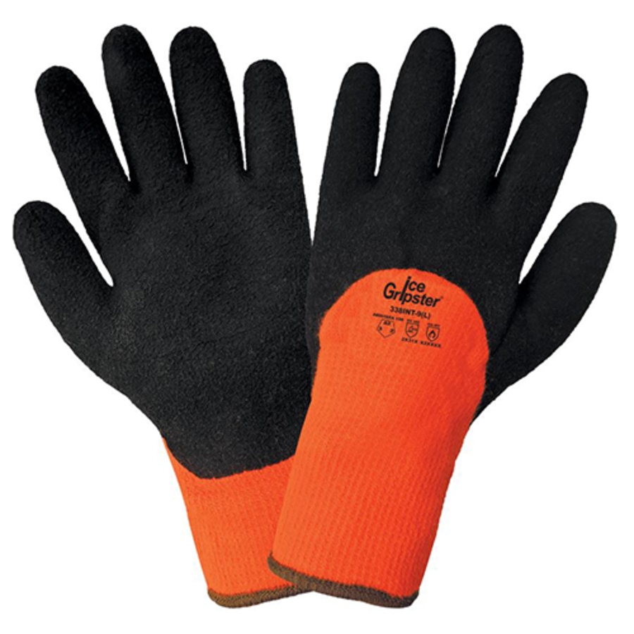 Ice Gripster Acrylic Knit Cut Resistant Low Temp Gloves w/3/4 Dipped Foam Rubber Palms, 338INT, Black/Hi-Vis Orange