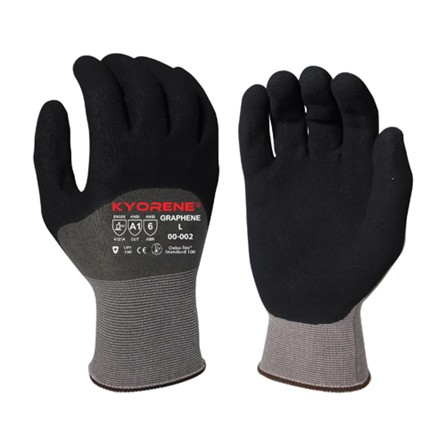 Kyorene Gloves w/HCT Micro-Foam Nitrile Knuckle & Palm Coating, 00-002, Cut A1, Black/Gray