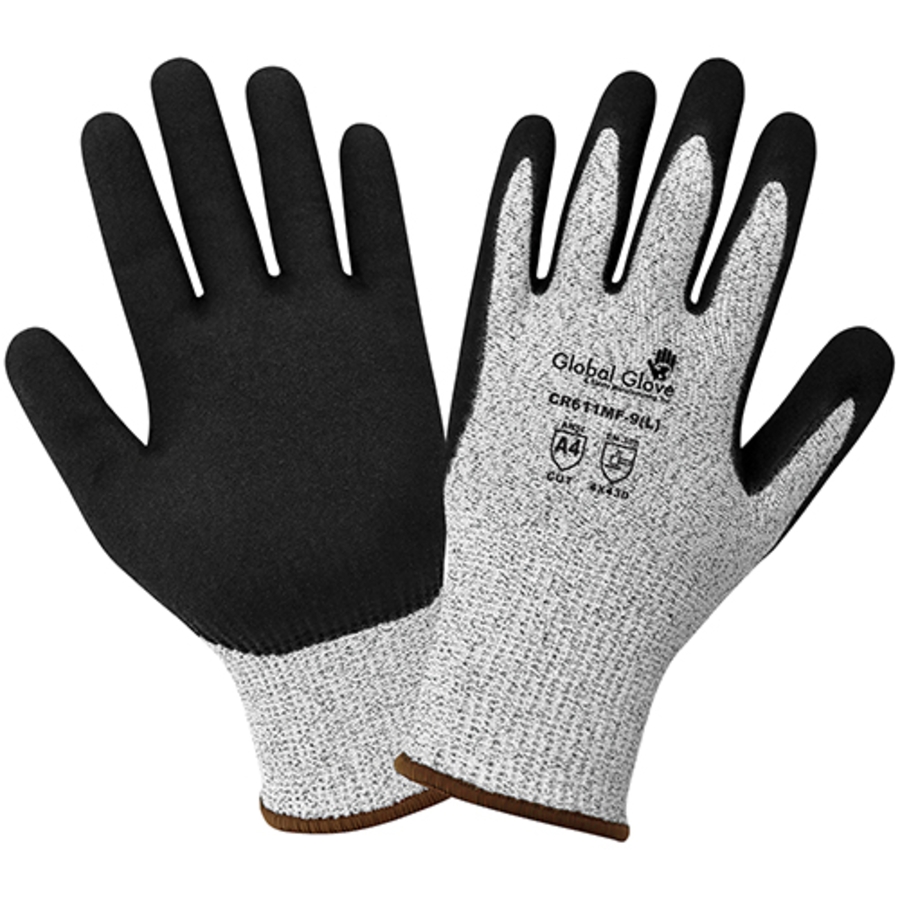 HPPE Cut Resistant Gloves w/Nitrile Palm Coating, CR611MF, Cut A4, Black/Gray