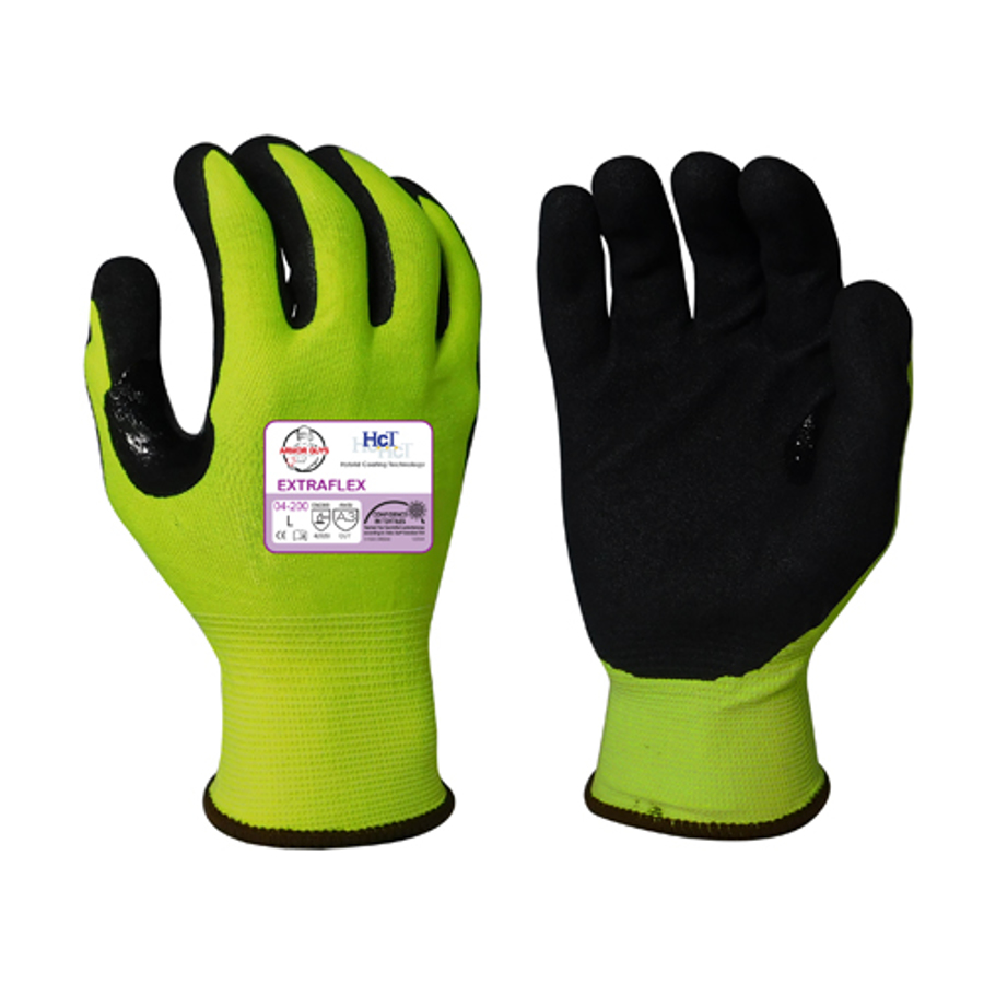 Extraflex Engineered Yarn Cut Resistant Gloves w/HCT Micro-Foam Nitrile Palm Coating, 04-200, Cut A3, Black/Hi-Vis Yellow