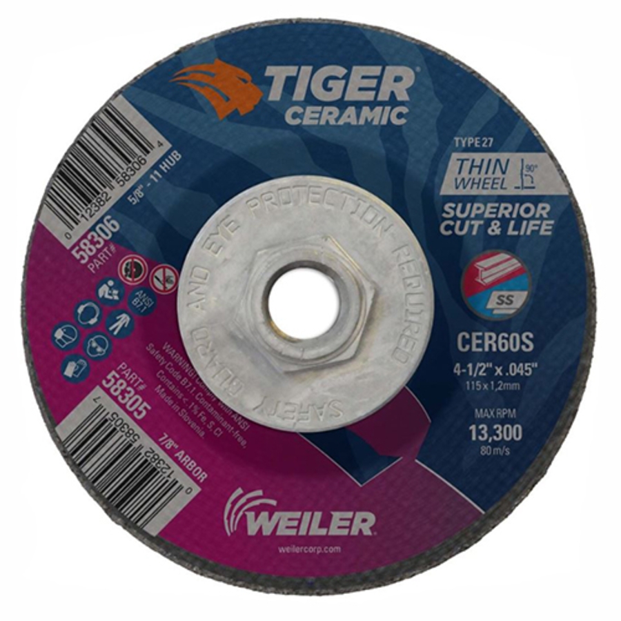 Tiger Ceramic Cutting Wheel, 58306, Type 27, 4-1/2" Diameter, 0.045" Thickness, 5/8"-11 Arbor Thread