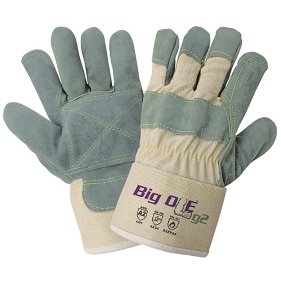 Big Ole G2 Cut & Heat Resistant Premium Split Cowhide Leather Palm Gloves, 2000DP, Green, One Size